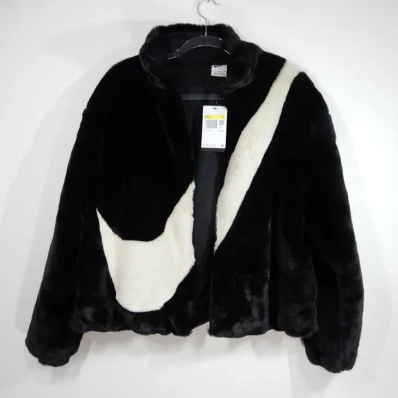 NIKE Faux Fur Plush Swoosh Teddy JACKET Size L Oversized Black Fossil Logo NEW - Picture 7 of 12